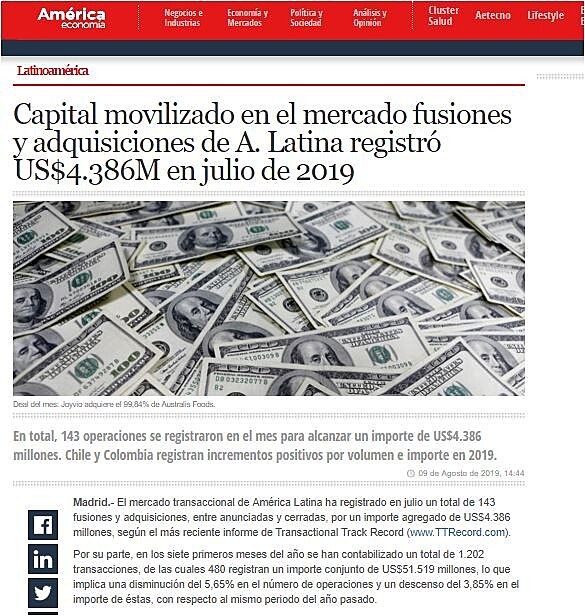 Capital movilizado en el mercado fusiones y adquisiciones de A. Latina registr US$4.386M en julio de 2019